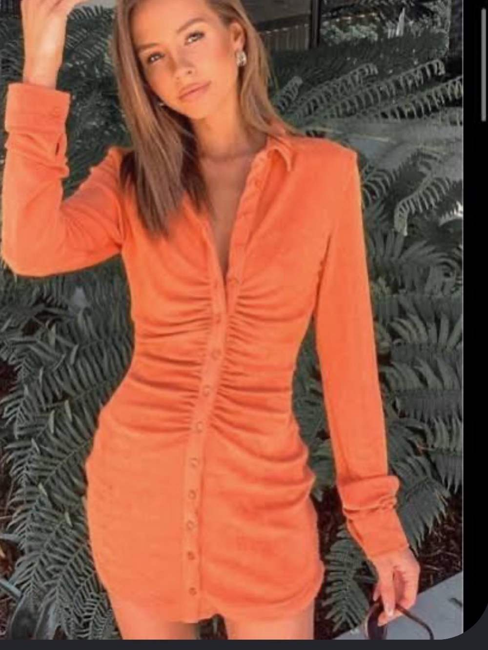 superdown Orange Ruched Button-Up Long Sleeve Mini Dress large